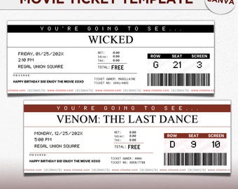 Faire-part de modèle de billet de cinéma, cadeau surprise billet de cinéma, idée rendez-vous amoureux, coupon de film modifiable, modèle de toile de billet de cinéma