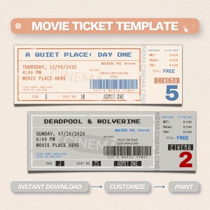 Pode incluir: Dois modelos retangulares de bilhetes de cinema com campos de texto personalizáveis. O bilhete superior é creme com detalhes em vermelho e mostra A Quiet Place: Day One. O bilhete inferior é cinzento com detalhes em preto e mostra Deadpool & Wolverine.