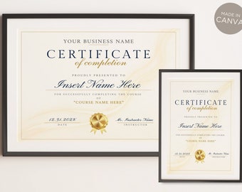 ビジネス修了証書、編集可能なCanvaテンプレート、印刷可能な学校コース研修証書、学校賞状テンプレート、ゴールド