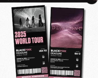 Bilet na koncert Deadline – edytowalny szablon Canva, bilet na gadżety K-POP do druku, bilet na prezent lub pamiątkę, bilet portretowy w kolorze czarno-różowym