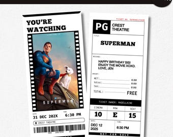 Edytowalny szablon biletu na prezent filmowy-niespodziankę, minimalistyczny pomysł na randkę, kupon na bilet filmowy, pomysł na prezent urodzinowy, szablon Canva