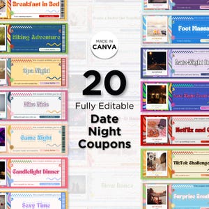 20 cupones personalizables para citas nocturnas con un toque retro, cupones de amor imprimibles, ideas divertidas para citas, regalo de aniversario para él, frasco editable para citas nocturnas.