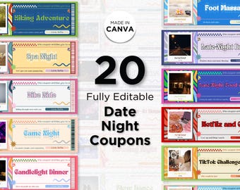 Kupony na szaloną randkę w stylu retro: 20 edytowalnych biletów miłosnych (do pobrania w wersji cyfrowej) Szablon Canva