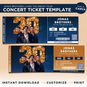 Living The Dream Jonas Brothers Tour bearbeitbare Canva Konzert Tticket-Vorlage, Konzert-Erinnerungsstücke, Überraschungsgeschenk-Karte, Sofort-Download