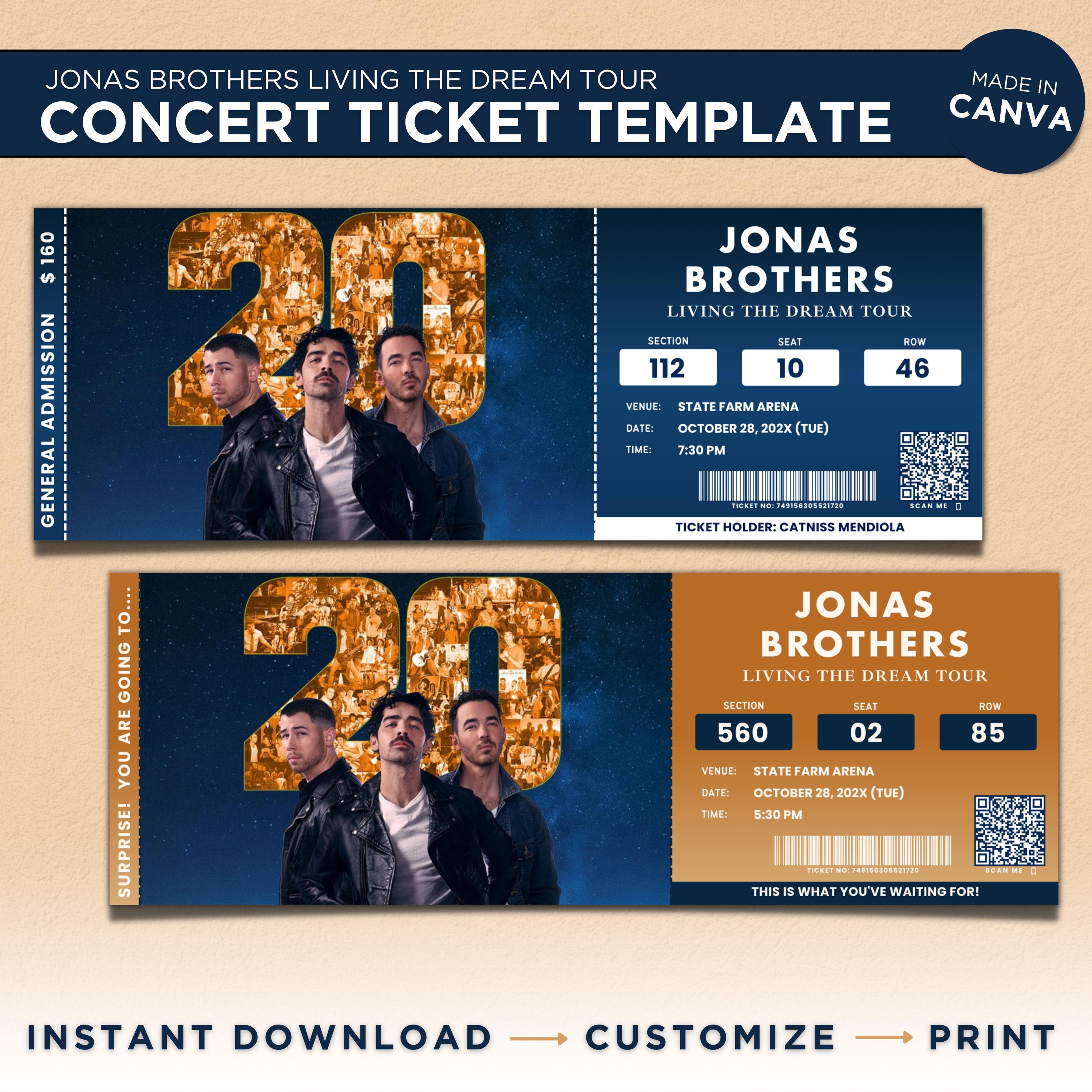 Living The Dream Jonas Brothers Tour Editable Canva Concert TTicket Template, Concert Memorabilia, Surprise Gift Ticket, Instant Download