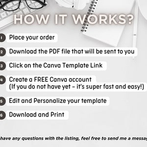 以下が含まれることがあります： Canvaテンプレートの使い方を説明する黒いテキストが書かれた白い背景。テキストは次のとおりです。「仕組みは？ 1. 注文する 2. あなたに送られるPDFファイルをダウンロードする 3. Canvaテンプレートのリンクをクリックする 4. 無料のCanvaアカウントを作成する（まだアカウントを持っていない場合は、とても簡単で速いです！） 5. テンプレートを編集してパーソナライズする 6. ダウンロードして印刷する リストについて質問がある場合は、お気軽にご連絡ください。 」