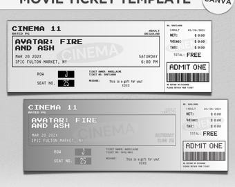 Edytowalny bilet do kina retro, szablon Canva na prezent-niespodziankę, film na randkę, zaproszenie na urodziny do kina, do pobrania w wersji cyfrowej