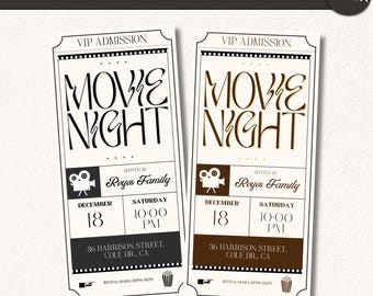 Szablon zaproszenia na rodzinny wieczór filmowy, spersonalizowany bilet do kina w stylu vintage, edytowalne zaproszenie urodzinowe, bilet do kina do druku