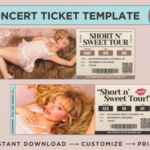 Short n 'Sweet Tour Ticket Bearbeitbare Canva Vorlage Gedenkdruckbares Ticket, Andenken personalisierter Merch, Überraschungsgeschenk Ticketidee