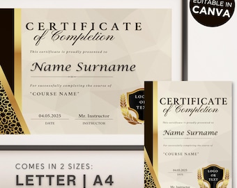 編集可能な証明書テンプレート：ブラウン＆ゴールド賞状デザイン（Canva、デジタルダウンロード）