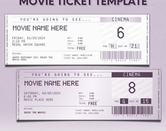 Edytowalny szablon Canva na bilet do kina, bilet do kina, fioletowy prezent niespodzianka w postaci zaproszenia na bilet do kina, paragon z kuponem na bilet do kina