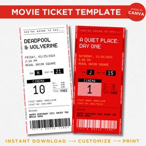 Modelo de convite surpresa para ingresso de cinema, cupom de ingresso de cinema, ideia de filme para encontro romântico, ingresso de cinema editável, convite de ingresso de cinema
