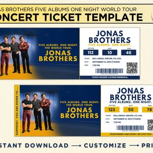 Jonas Brothers Ticket Die fünf Alben One Night Tour, bearbeitbare Canva Ticketvorlage Konzertandenken, Überraschungsgeschenk Digitaler Download