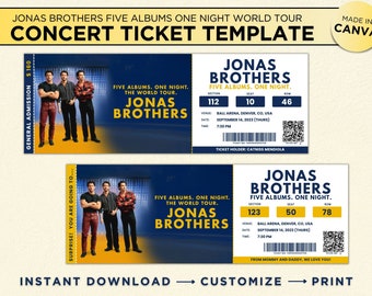 Jonas Brothers Ticket The Five Albums One Night Tour, Editable Canva Ticket Template Concert Keepsake, Surprise Gift Digital Download