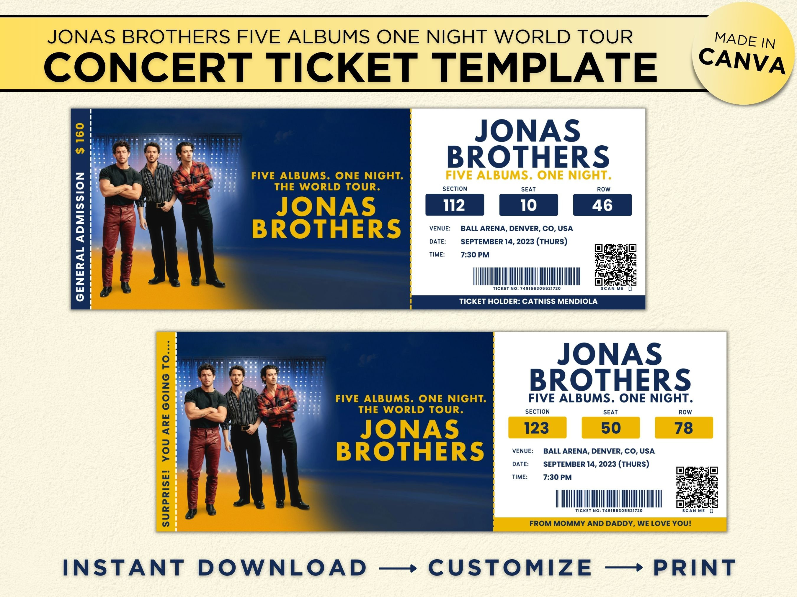 Jonas Brothers Ticket the Five Albums One Night Tour, Editable Canva