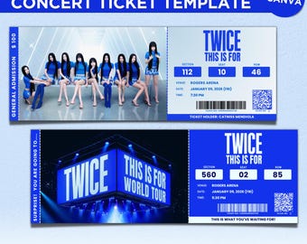 Szablon biletu na koncert Canva, edytowalny bilet na koncert K-POP, spersonalizowany bilet jako prezent pamiątkowy, pomysł na niespodziankę urodzinową