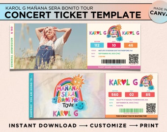 Karol G Mañana Sera Bonito Tour Ticket Plantilla Canva editable, Boleto de concierto digital Karol G Concert Merch Keepsake, Boleto de regalo sorpresa