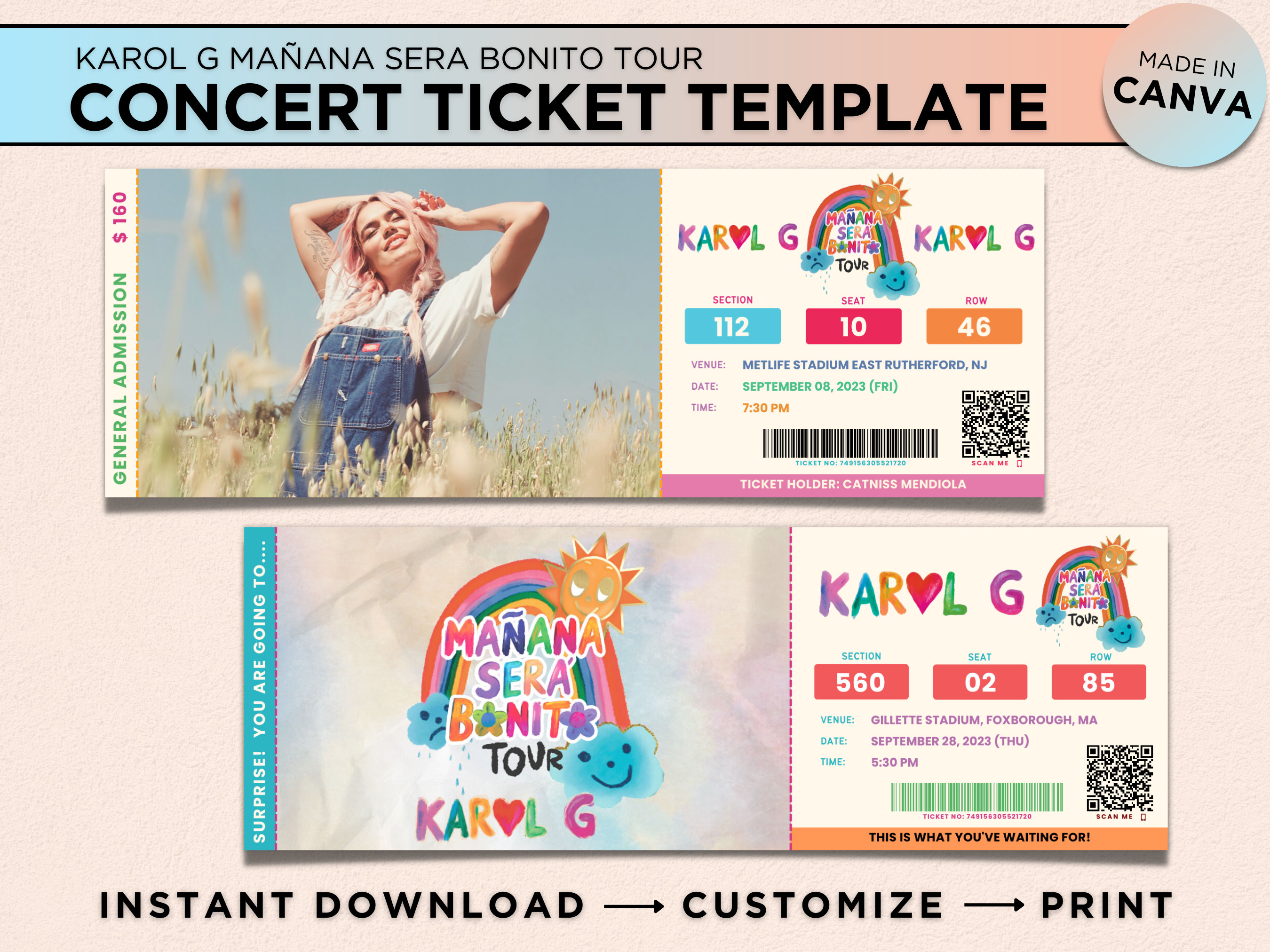 Karol G Mañana Sera Bonito Tour Ticket Editable Canva Template, Digital