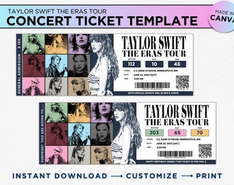 Eras Tour Concerts Taylor Swift Merch Ticket Canva Modèle Imprimable Événement Personnalisé Billet Souvenir Souvenir Anniversaire Surprise Idée Cadeau