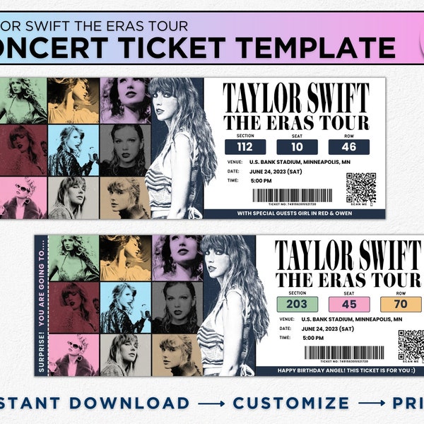 Eras Tour Concerts Taylor Swift Merch Ticket Canva Template Printable Custom Event Ticket Keepsake Souvenir Birthday Surprise Gift Idea