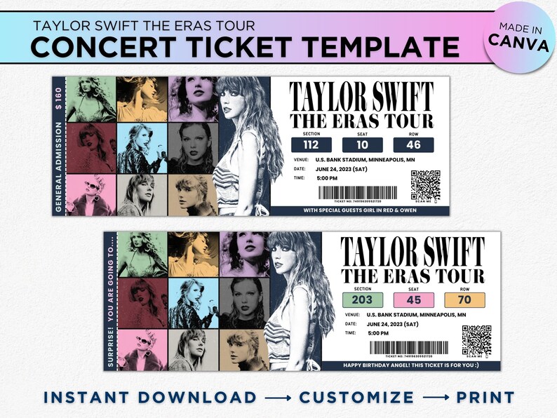 Eras Tour Concerts Taylor Swift Merch Ticket Canva Template Printable Custom Event Ticket Keepsake Souvenir Birthday Surprise Gift Idea image 1