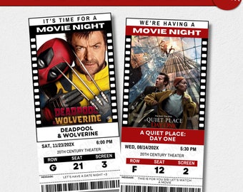 Bilet do kina na randkę jako prezent niespodzianka, edytowalny kupon na prezent, zaproszenie na urodziny do kina, szablon Canva na bilet do kina do wydrukowania