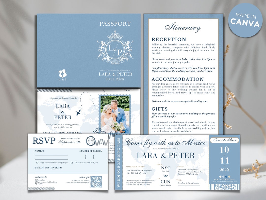 Dusty Blue Wedding Passport Invitation Printable Destination Wedding Bundle Canva Template ...