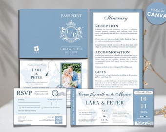 Dusty Blue Wedding Passport Invitation Printable Destination Wedding Bundle Canva Template, Editable Light Blue Wedding Invitation to Mexico