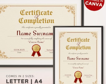 カスタマイズ可能なプロフェッショナル修了証テンプレート、ゴールドとレッドの印刷可能なコース修了証、即時ダウンロード