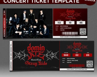 Szablon Canva biletu koncertowego Stray Kids Dominate, cyfrowy wydruk biletu koncertowego Dominate World Tour, Kpop SKZ, dostosowywalne gadżety