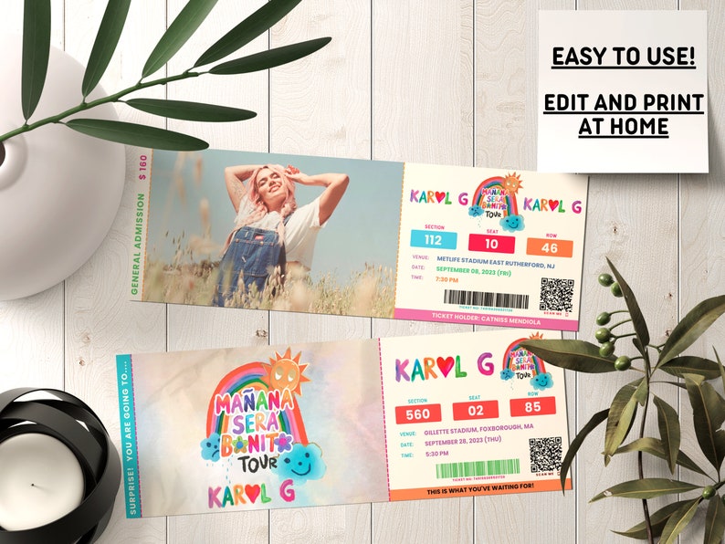 Karol G Mañana Sera Bonito Tour Ticket Editable Canva Template, Digital