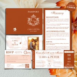 Modelo de convite de casamento com passaporte Canva, convite para cartão de embarque de destino, cartão de RSVP para casamento com código QR, casamento rústico em laranja queimado
