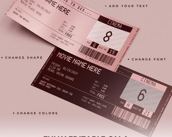 Edytowalny szablon zaproszenia na bilet do kina, drukowany prezent-niespodzianka w postaci biletu do kina, kupon na randkę, szablon Canva z karnetem na film retro