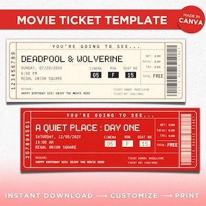 Entrada de cine sorpresa para imprimir como regalo, plantilla de Canva para una idea de cita nocturna, entrada de cine para una fiesta de cumpleaños, descarga instantánea de un regalo de película