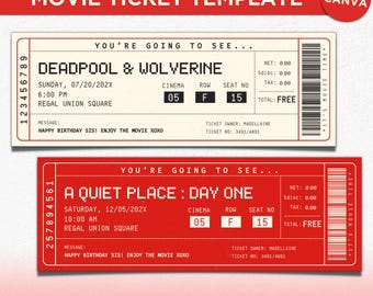 Niespodzianka Prezent Bilet do kina do druku, Pomysł na randkę Szablon Canva do filmu, Bilet do kina na przyjęcie urodzinowe, Prezent do filmu Ujawnienie natychmiastowego pobrania