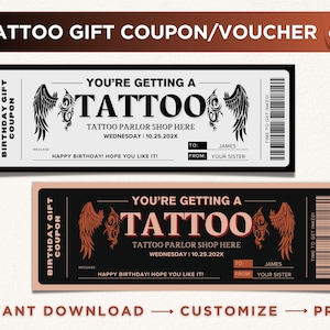 Plantilla de Canva para vale de regalo de cumpleaños con boleto de tatuaje imprimible, boleto sorpresa de tatuaje, certificado de tarjeta de regalo editable para cualquier ocasión.