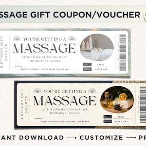 Massage Birthday Gift Voucher Coupon, Spa Day Voucher, Editable Massage Ticket Canva Template, Printable Gift Card Surprise Last Minute Gift