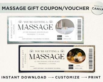 Bon upominkowy na masaż: edytowalny bilet na dzień w spa (szablon Canva)