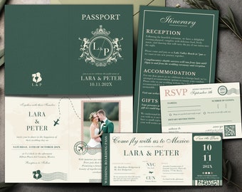Destination Wedding Invitation, Passport Wedding Invitation Mexico, Greenery Wedding Set, Travel Inspired Wedding Invite Canva Template
