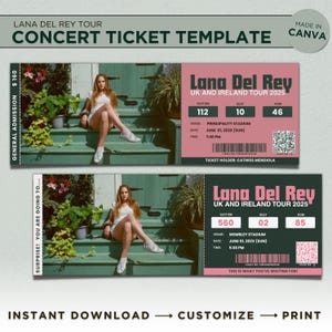 Anpassbares Konzertticket für Lana Del Rey Tour, personalisiertes Konzertticket, Event Merch Canva Template, Souvenir Print at home Ticket