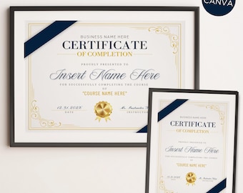 Edytowalny, elegancki, złoto-niebieski certyfikat ukończenia wydarzenia firmowego, drukowany certyfikat ukończenia kursu szkoleniowego, szablon Canva