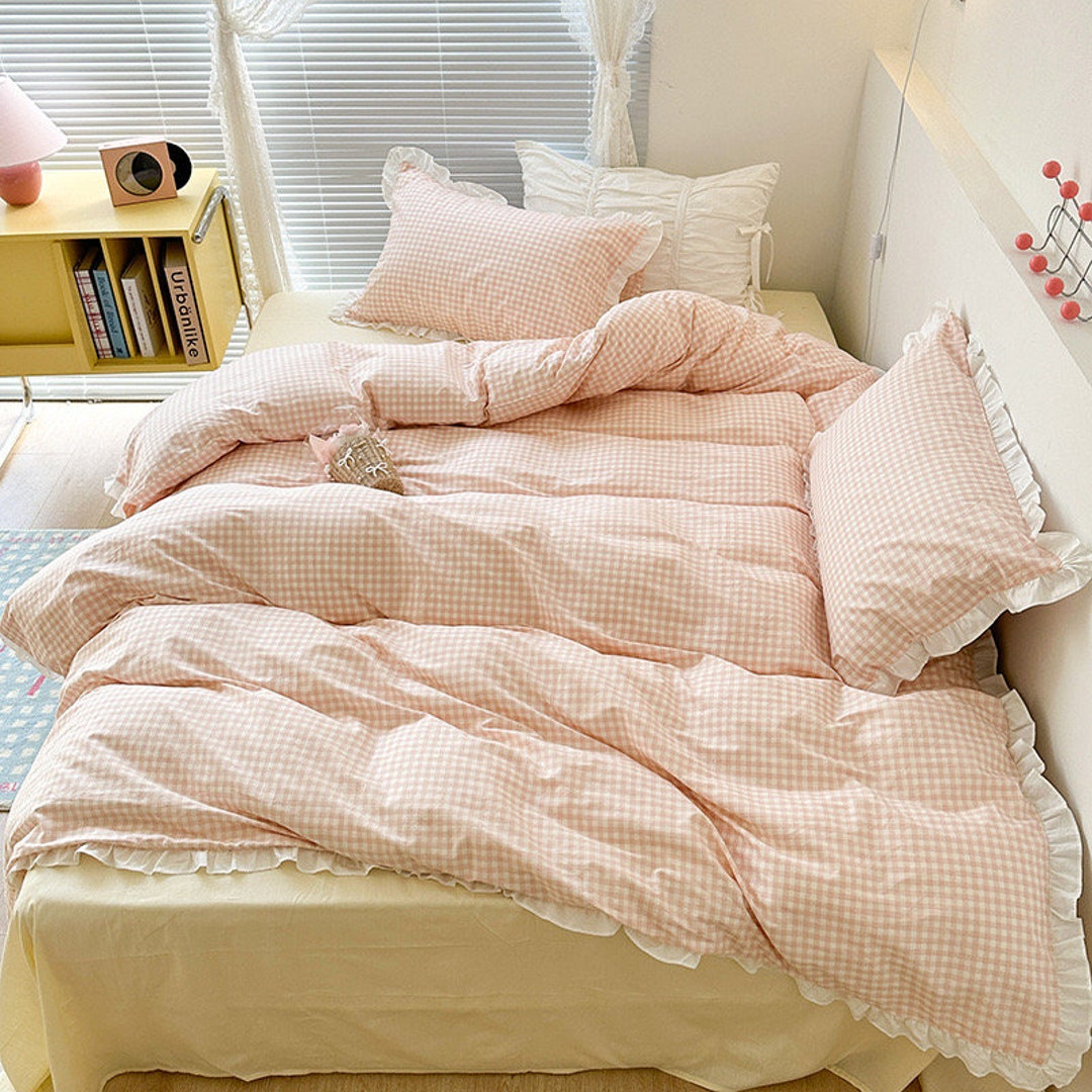 Housse de couette vichy à volants roses avec taies - Etsy France