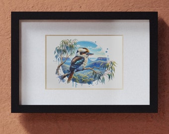 Kookaburra Art, Blue Mountains NSW, Kookaburra eucalyptus tree, Katoomba Art, Blue Mountains Australia, Framed Posters, Black