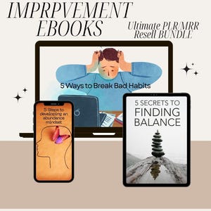 Puede incluir: Imagen que promociona ebooks de superación personal. El texto dice "750 Self-Improvement Ebooks" y "Ultimate PLR/MRR Resell Bundle". La imagen incluye una computadora portátil, un teléfono inteligente y una tableta, cada uno mostrando contenido relacionado con el desarrollo personal.