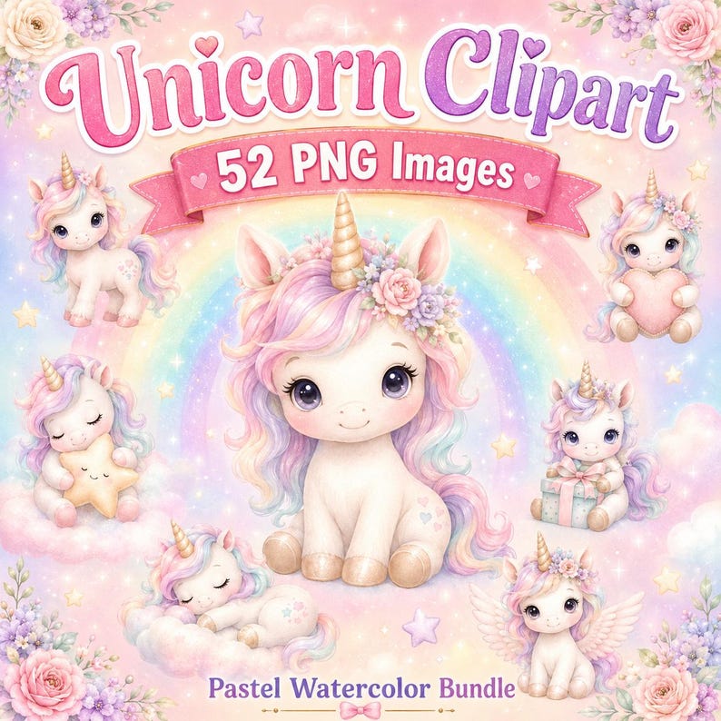 Watercolor Unicorn PNG Clipart Bundle, Pastel Fantasy Nursery Clipart ...