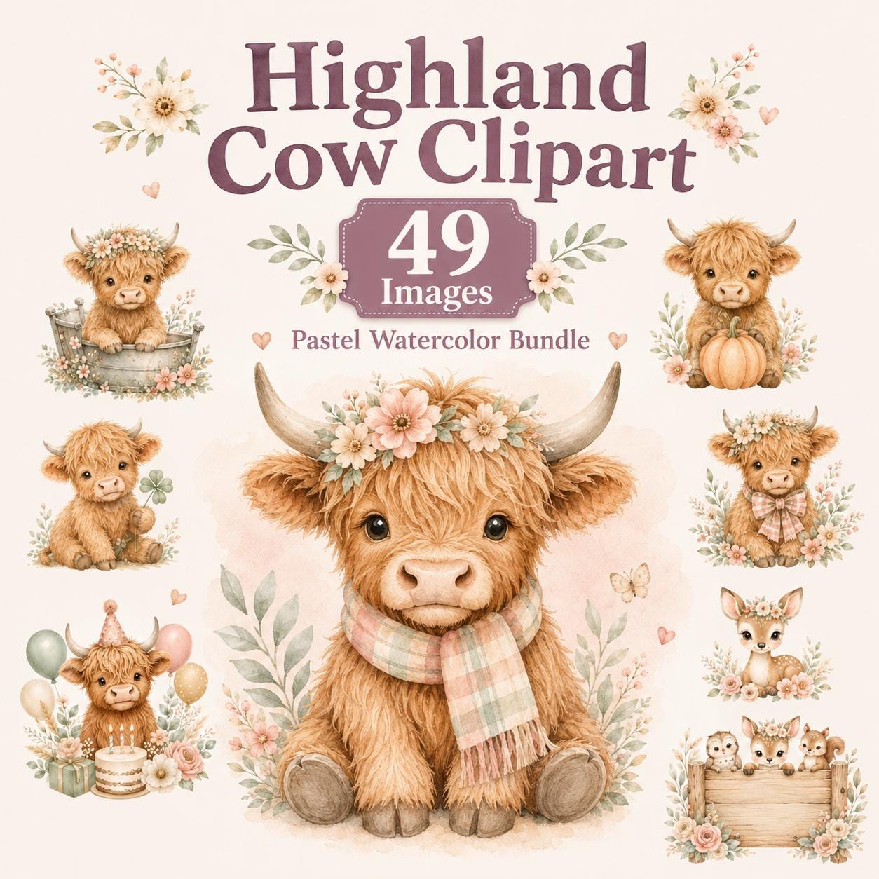 Watercolor Highland Cow Clipart Bundle, Baby Cow PNG, Farm Animal ...