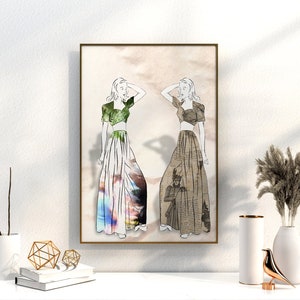 Retro collage art of a two women looking at each other, digital print for you home decor