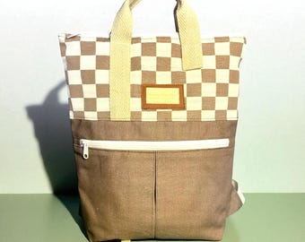 Handmade Plaid Fabric Backpack | Women's Handmade Backpack | Lightweight Casual Backpack | Unisex Brown Backpack