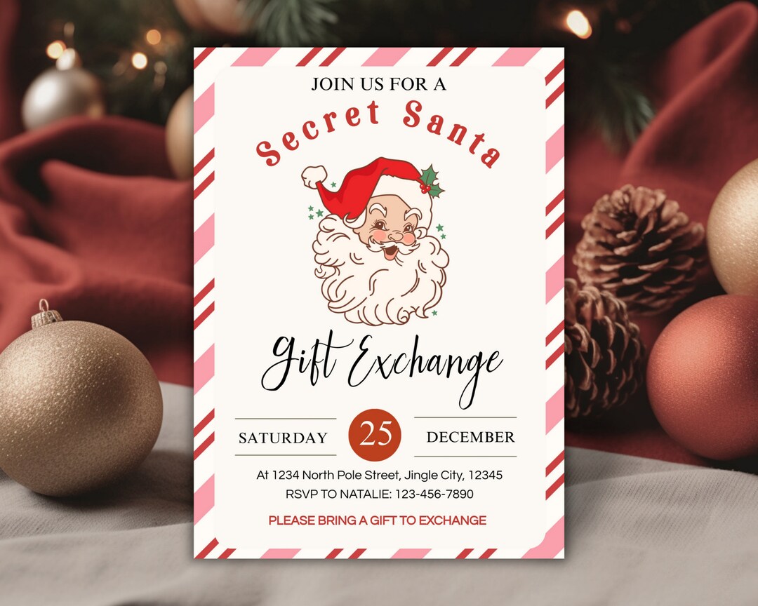 Secret Santa Gift Exchange Invitation, Retro Secret Santa Christmas Party Editable Invite ...