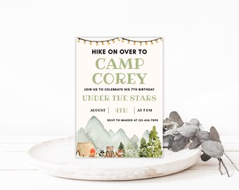 Camping Birthday Invite Template, S'mores Party, Boy Outdoor Party, Campout Birthday Invitation, Hike on Over Birthday Party, Woods Theme